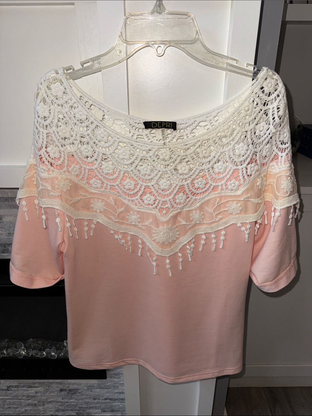 Depri Women's Blush Pink Lace Yoke Short Sleeve Blouse